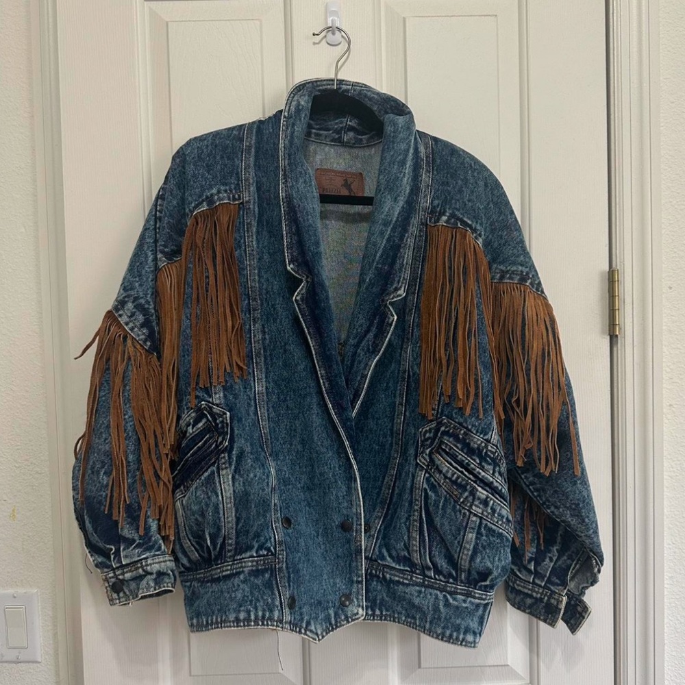 Prezzia denim bomber jacket with suede fringe